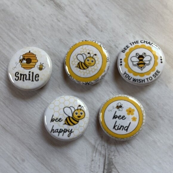Bee Happy Pinback Button Set Cute 1" Bee-Theme Pins | Bee Kind, Smile, Bee Happy - Picture 2 of 5